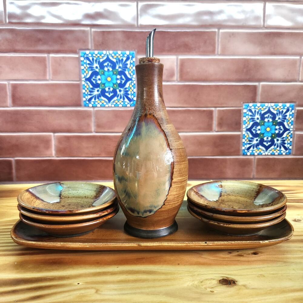 Sango Splash 8 Piece Dipping Set Oil Drizzle Bowls Tray Splash Brown Charcuterie